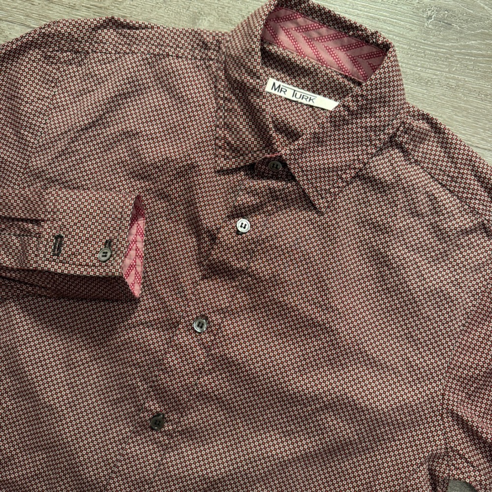 Mr Turk Shirt Mens Medium Burgundy Cotton Stretch Geometric Retro Mod Tailored